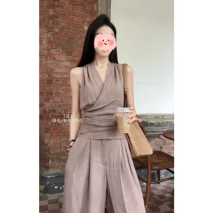 挂脖无袖上衣高腰阔腿长裤两件套女夏季休闲度假风通勤高级感套装