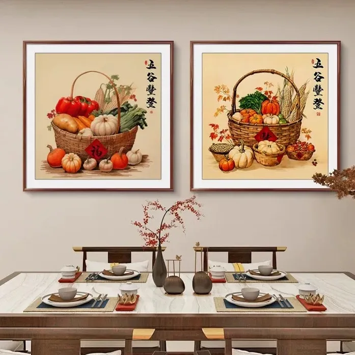 五谷丰登餐厅装饰画新中式寓意好百财挂画入户走廊玄关壁画五牛图