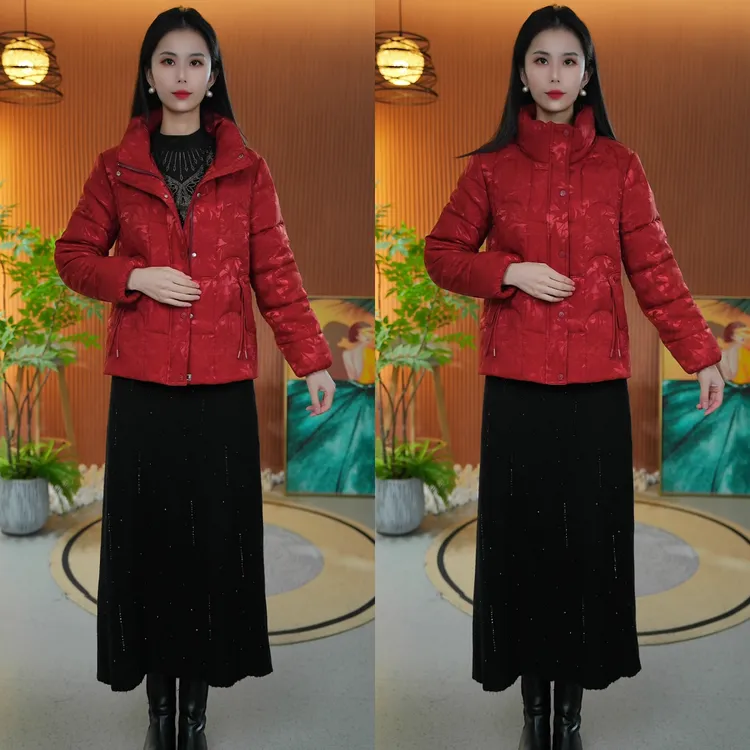 8831冬季新款国风羽丝棉妈妈装提花加厚棉服时尚气质短款保暖棉衣
