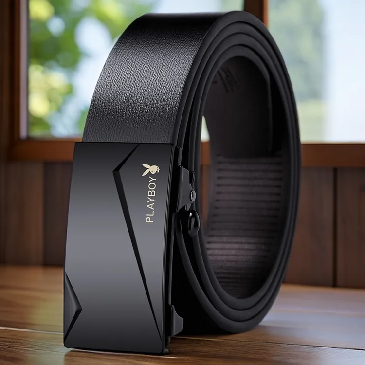 花花公子皮带男款2025新款真皮内穿扣无牙自动扣裤带休闲牛皮腰带