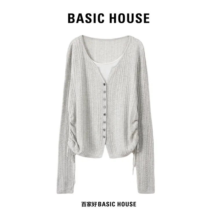 Basic House/百家好假两件v领针织衫女2025新款时尚百搭显瘦上衣