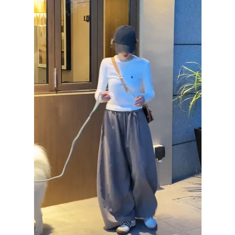 2025秋季新款韩系穿搭圆领长袖刺绣修身上衣百搭高腰系带阔腿长裤