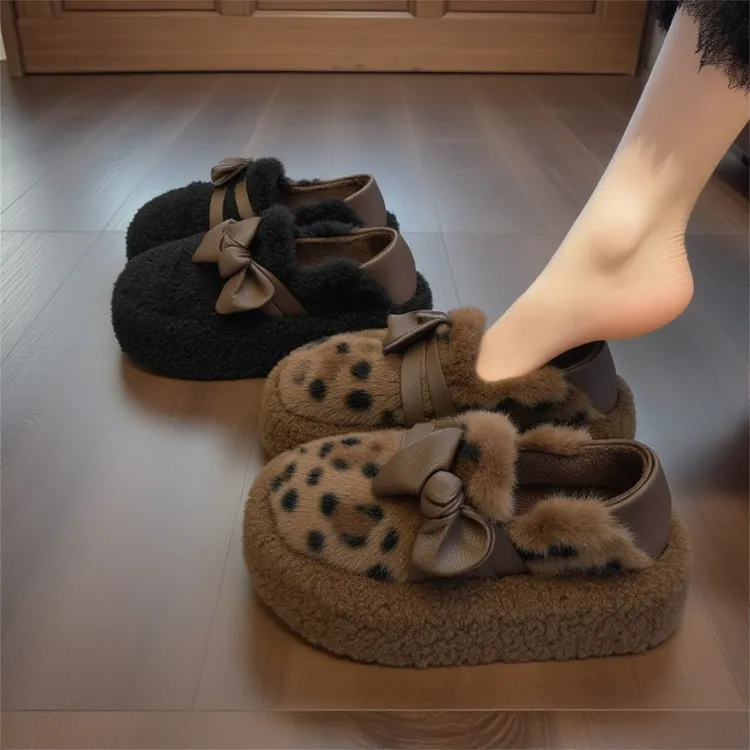 豹纹羊羔绒包头毛毛拖鞋女外穿2025年新款秋冬厚底蝴蝶结加绒棉拖
