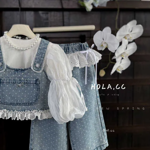 HOLA.CC韩系女童装牛仔波点马甲背心花边屁帘裤套装春夏新款洋气