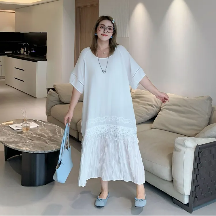 媛子大码法式甜美连衣裙流苏拼接泡泡袖遮肉显瘦高级感小清新女装