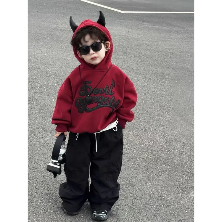 儿童一体绒卫衣2025新款男女宝宝韩版羊羔绒帽衫酷帅男童秋冬上衣