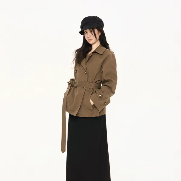 LPS｜郭卷毛同款天丝棉棕色风衣复古百搭束腰短外套F38486JM54