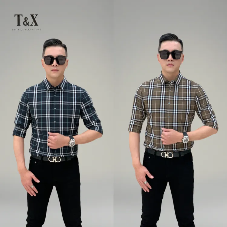 2025男士早春休闲经典两色格纹长袖衬衫（0015）