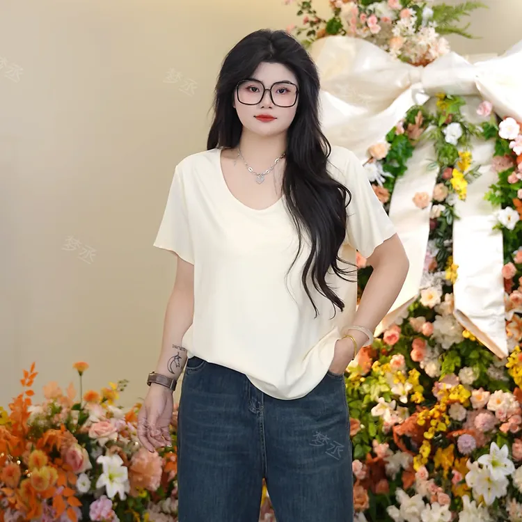 梦丞-夏季夏装打底大码女装T恤胖妹妹纯色系百搭上衣宽松显瘦短袖