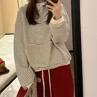 【阿婷家】8592新款时尚百搭针织衫加绒条纹卫衣