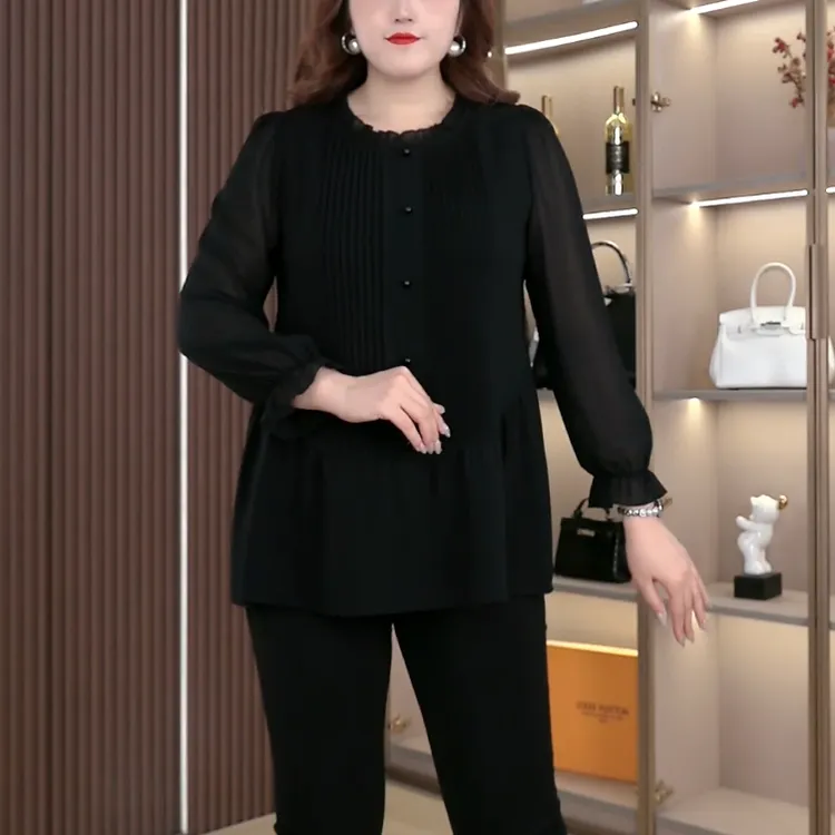 2025秋季新款大码女装风琴压褶宽松遮肚时尚休闲显瘦上衣LC251235