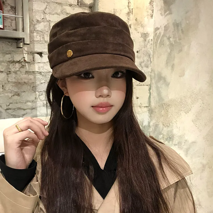 韩系ins风麂皮绒马术平顶帽子女款2025秋冬季新款大头围报童帽女 