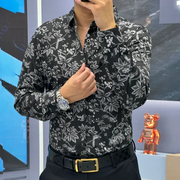 男士秋季印花(蚕丝羊毛)抗皱免烫弹力修身休闲百搭上衣长袖衬衫