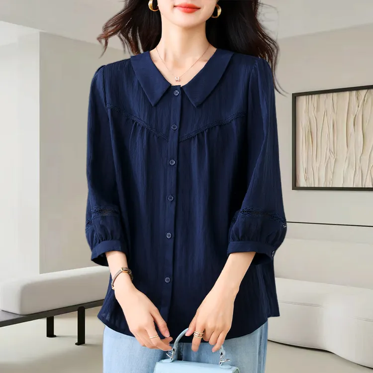 藏青色娃娃领衬衫女士2025夏季新款洋气减龄宽松设计感七分袖上衣