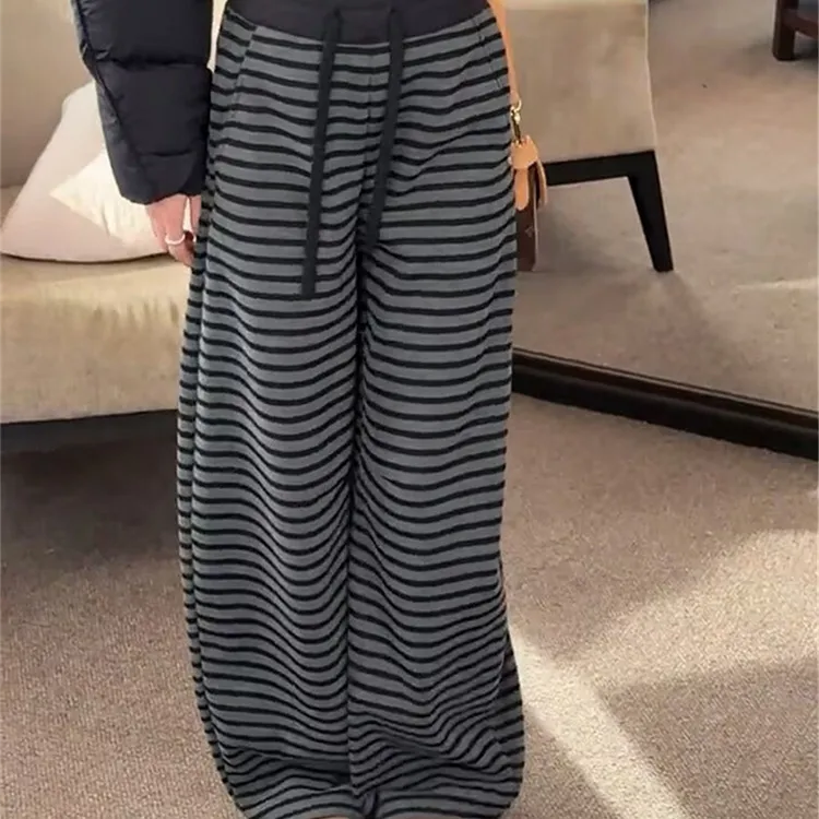 条纹加绒加厚慵懒阔腿裤女2025冬季新款时尚小个子高腰直筒休闲裤