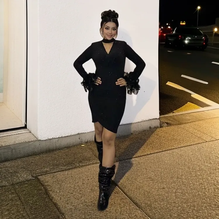 黑色闪闪显瘦气质长袖修身弹力褶皱设计师连衣裙