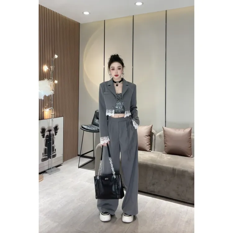 XQ1019【蕾丝套装】小众时尚设计款优雅蕾丝拼接西装套装气质两件套