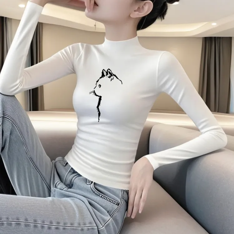 莫代尔白色印花半高领长袖打底衫女内搭新款修身显瘦正肩洋气上衣