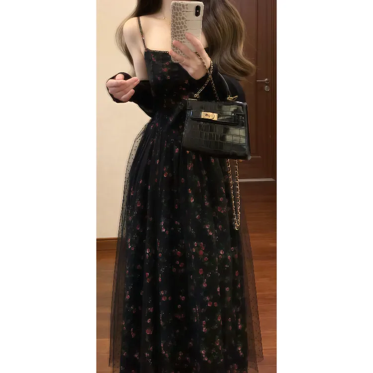 法式温柔网纱碎花吊带连衣裙修身显瘦气质长裙&防晒空调开衫9222