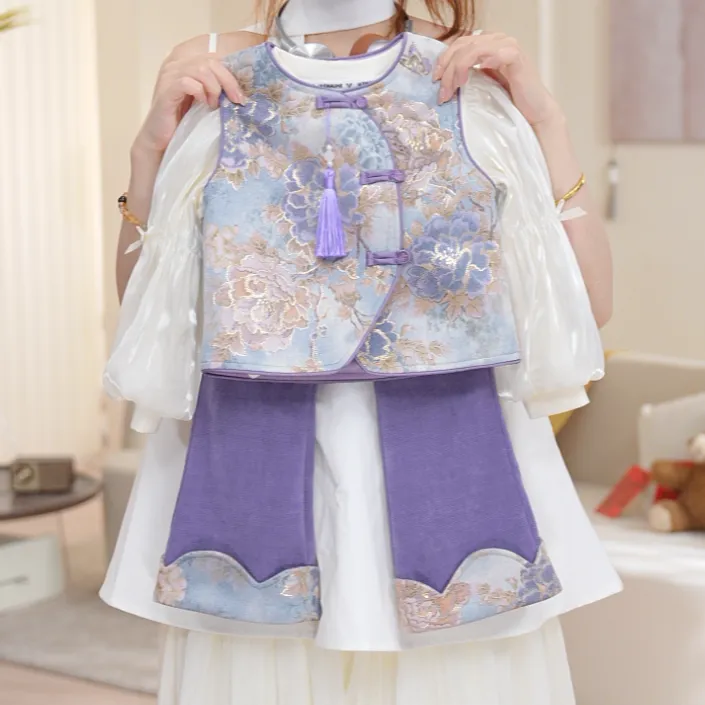 【静闻窗】女童中国风潮马甲秋冬新中式三件套女孩紫色外套QD50022