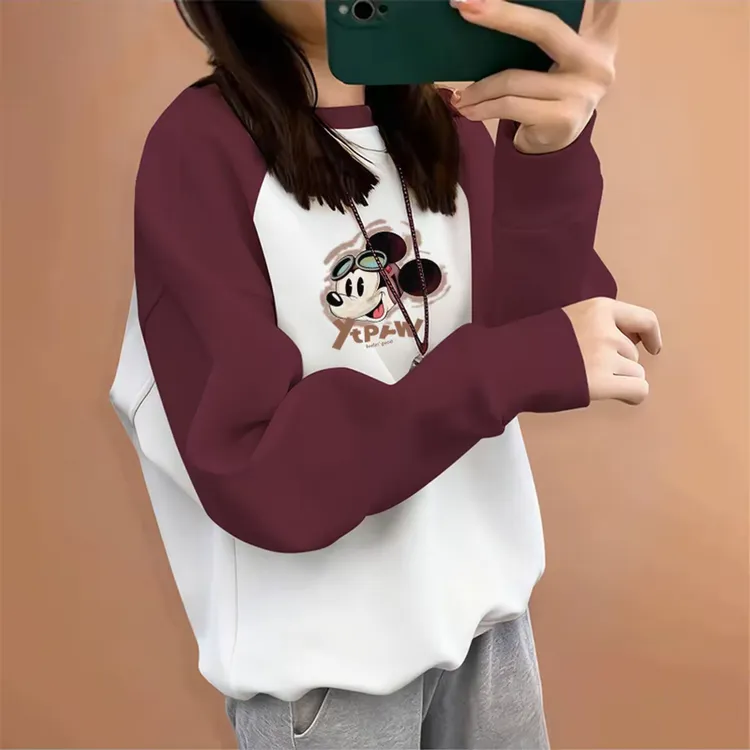 胖mm时尚撞色拼接卫衣女秋冬宽松大码外套小个子休闲圆领加绒上衣