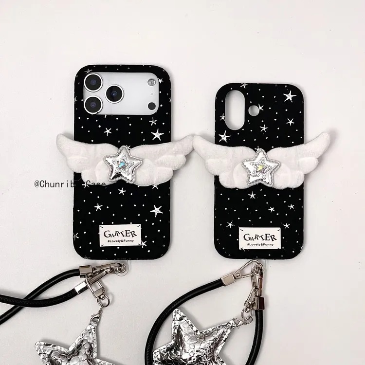 ins绒布黑底波点星星立体翅膀适用苹果17/16promax手机壳15/14/13