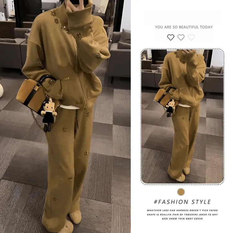 【有样衣】立领烫钻外套松紧腰阔腿长裤两件套气质慵懒休闲时尚套装