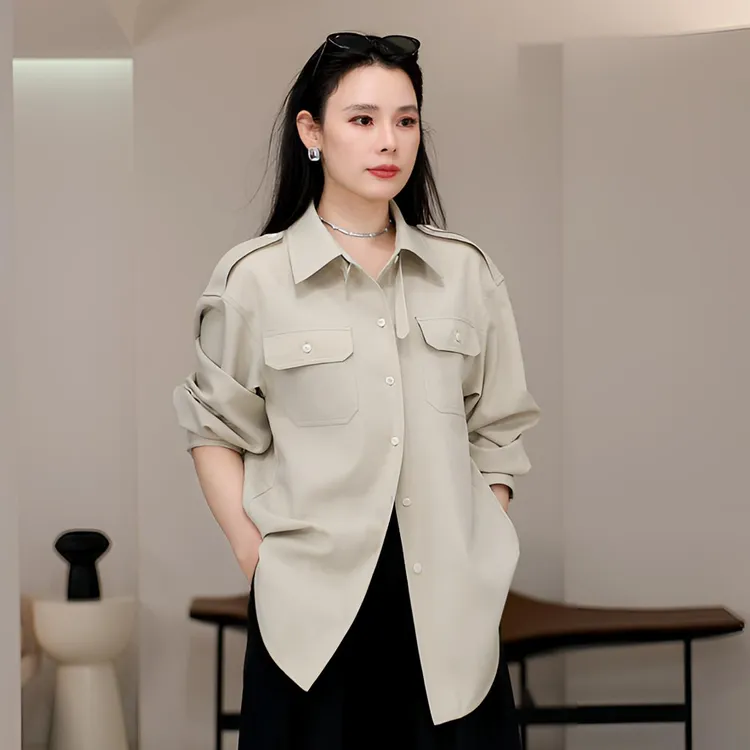 LYNEE【都市猎装】贴袋肩章衬衫女工装风立领衬衣外套TGD2FAW013