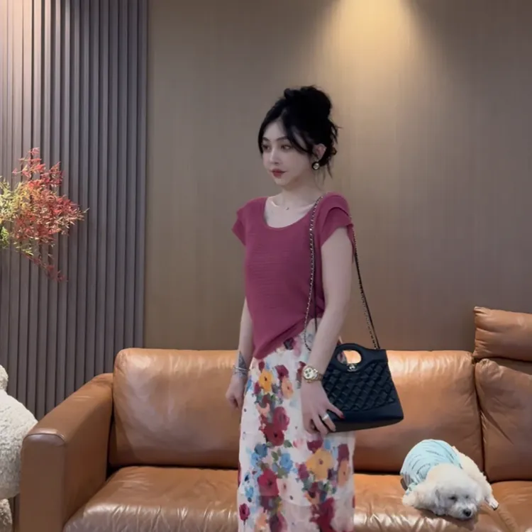 设计感上衣减龄显瘦拼接短袖2026夏季简约夏季纯色针织衫H7-61