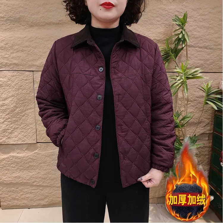 2025秋冬妈妈装加绒棉服休闲时尚中老年保暖百搭翻领菱形格棉服