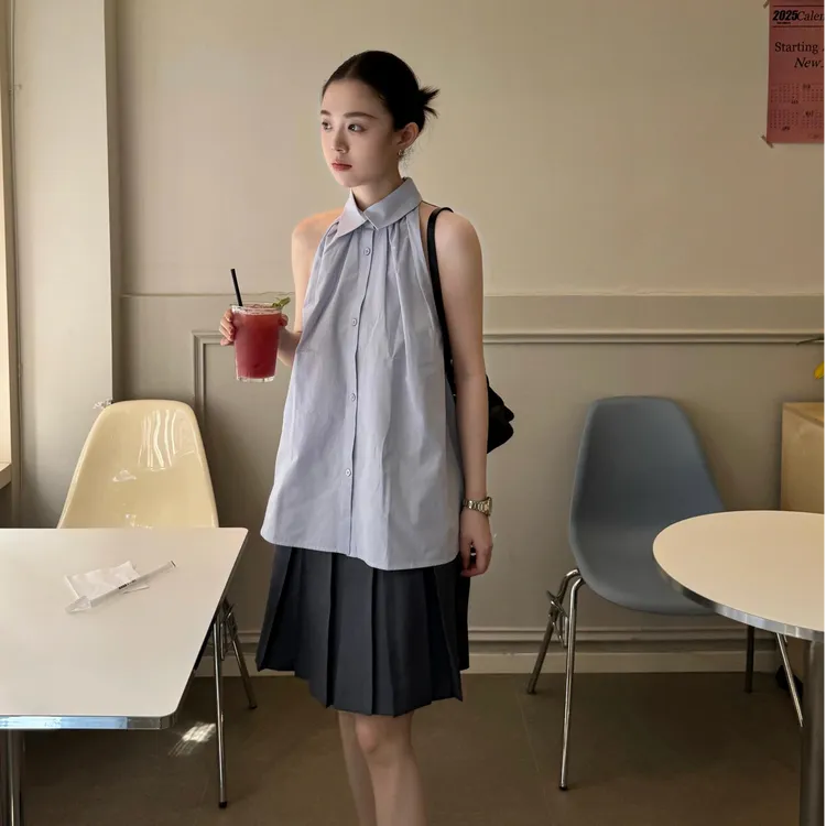 韩系穿搭无袖蓝色衬衫女装夏季2025新款设计感气质高腰显瘦短裙子