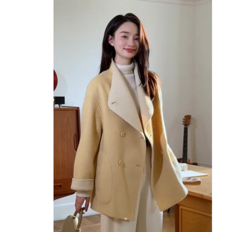 HELA AOMI “双面穿.鹅黄暖阳”绵羊毛95%+骆驼绒大衣CY5DH08903