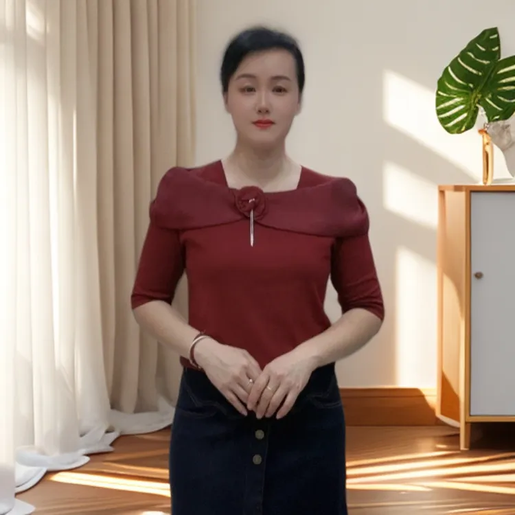 69023秋季中袖褶皱方领欧美风通勤流苏T恤老钱风松弛感女装贵气