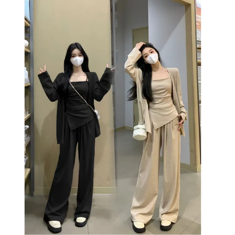 大码胖mm巨显瘦套装吊带外披长裤休闲三件套女春夏穿搭一整套9605