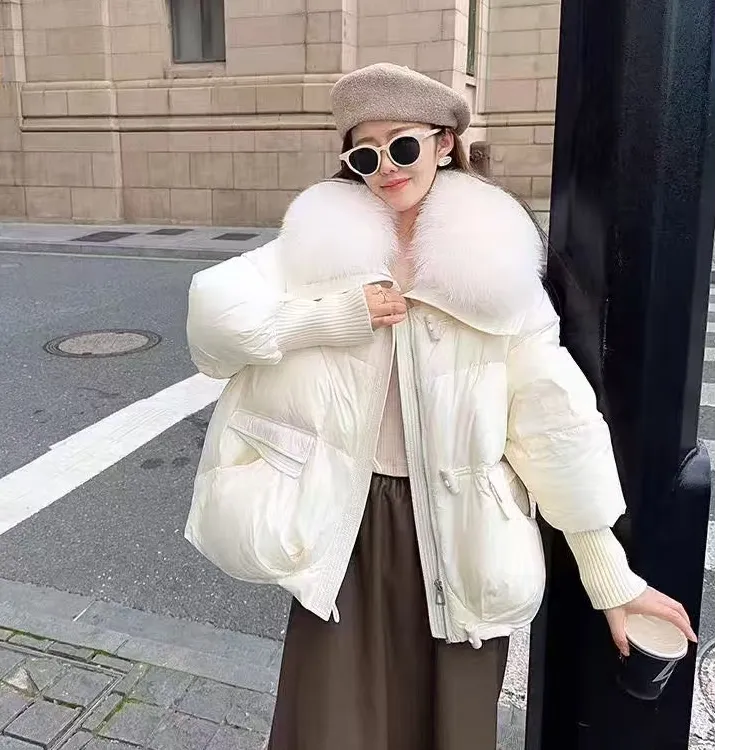 【TD】9981大毛领拼接白鹅绒短款羽绒服女2024冬季新款韩版厚外套