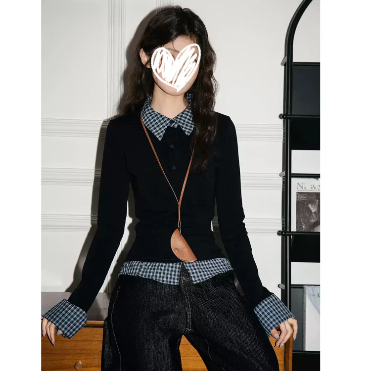 (加厚德绒)美式复古学院风假两件格子拼接Polo领上衣女显瘦长袖T