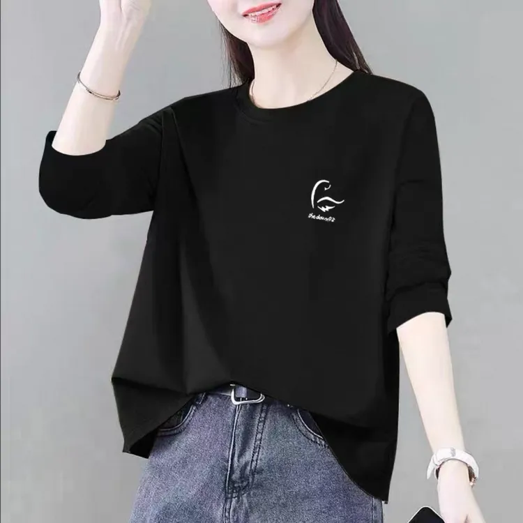 纯棉长袖t恤女秋季新款韩版宽松大码胖mm洋气减龄打底衫圆领上衣