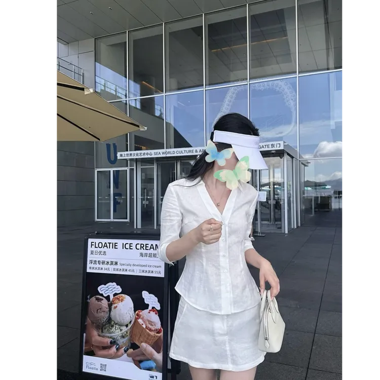 智性氧气感气质高质麻衬衫短裙套组休闲风时尚套装衬衫显瘦侘寂风