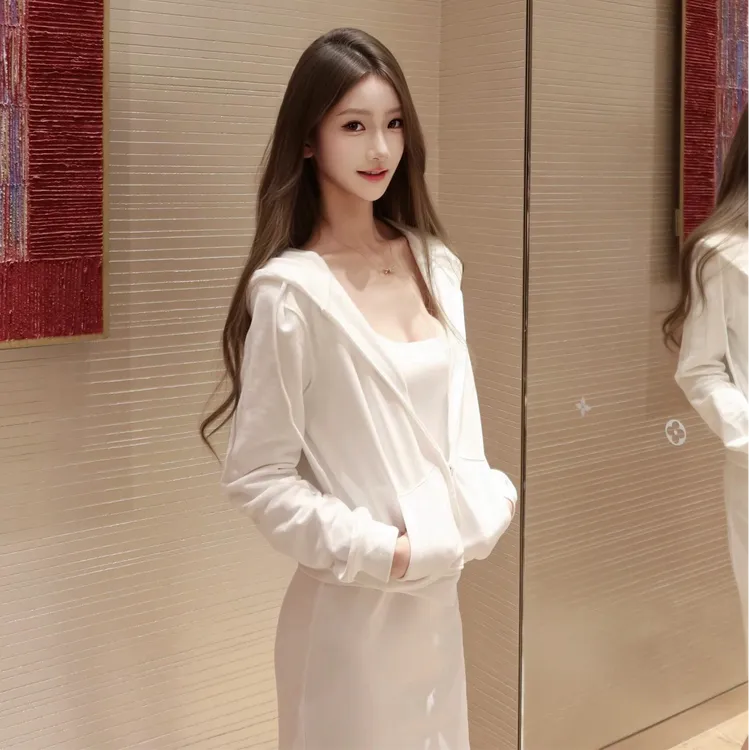 白月光套装女纯欲U领吊带连衣裙休闲连帽白色卫衣外套两件套裙子