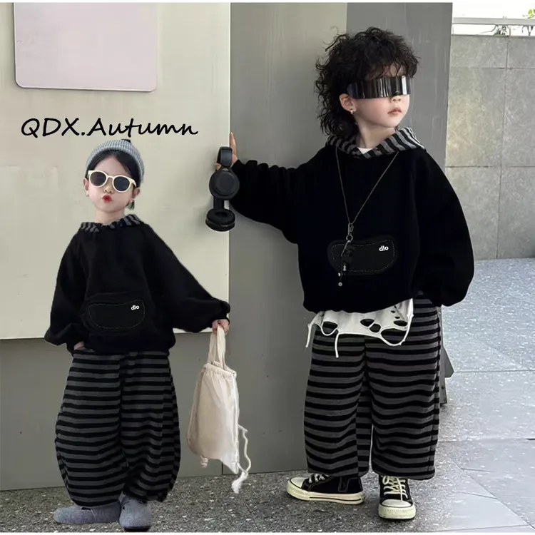 秋季男女宝同款连帽卫衣条纹长裤套装休闲宽松韩版两件套