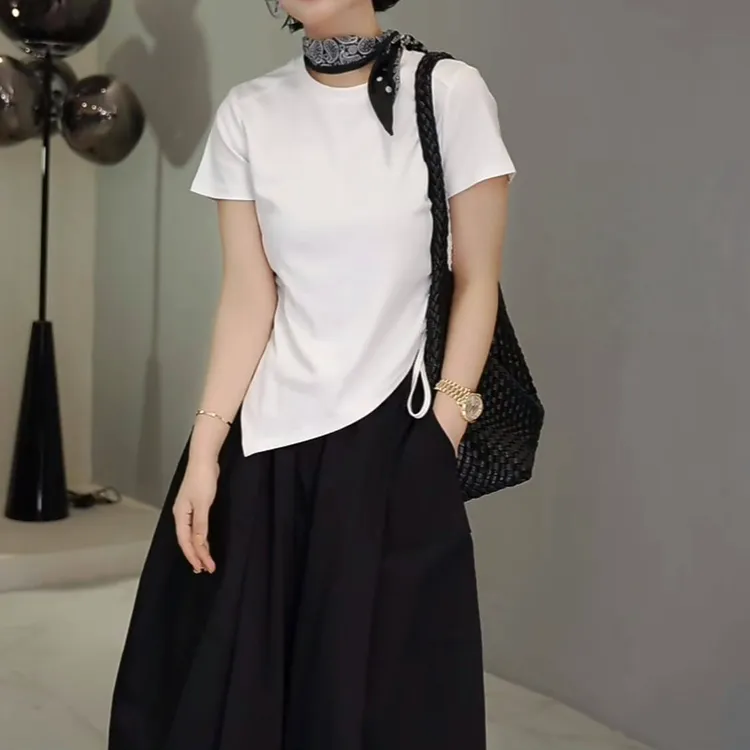 2025春夏新款纯色休闲不规则下摆圆领侧边系带设计正肩短袖T恤女