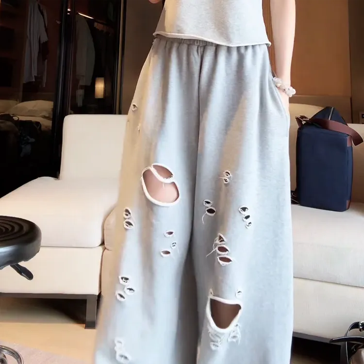 不规则破洞卷边毛圈宽松直筒休闲裤松紧腰韩式阔腿裤