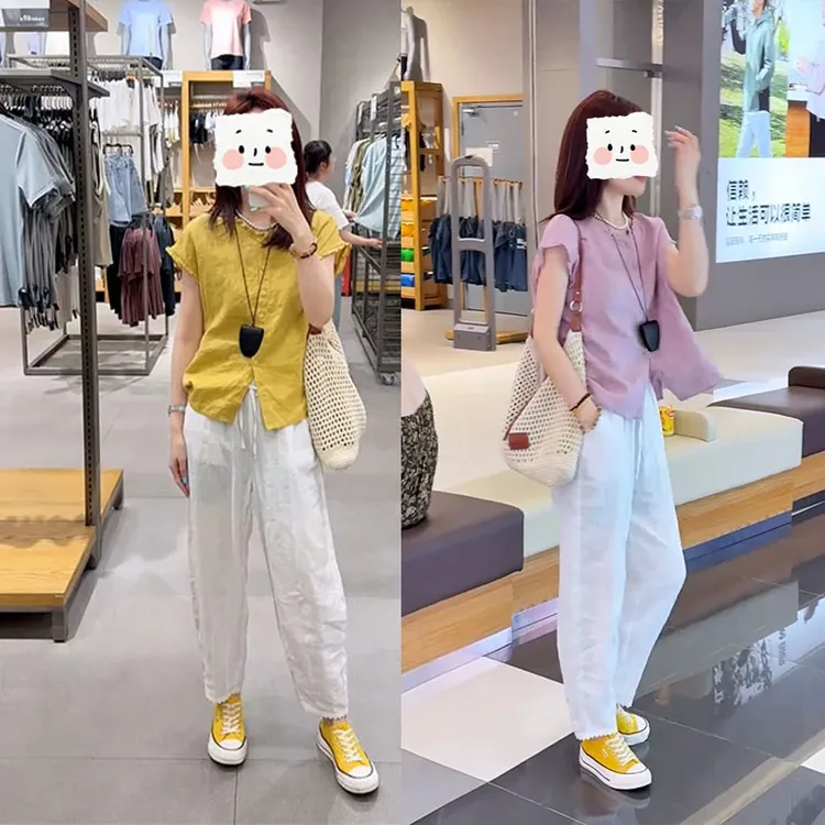 2025夏季新款女士时尚紫色减龄休闲飞飞袖衬衫宽松白色阔腿裤套装