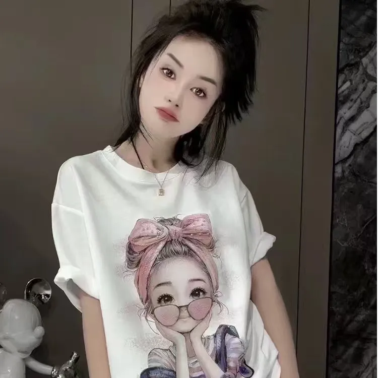 短袖T恤女2025新款棉夏季宽松大码减龄中长款潮牌卡通印花上衣