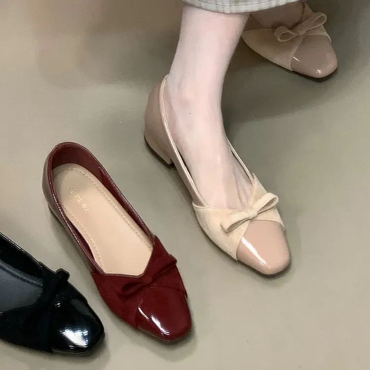 25年气质方头裸色单鞋浅口拼接蝴蝶结玛丽珍鞋女复古粗跟通勤瓢鞋