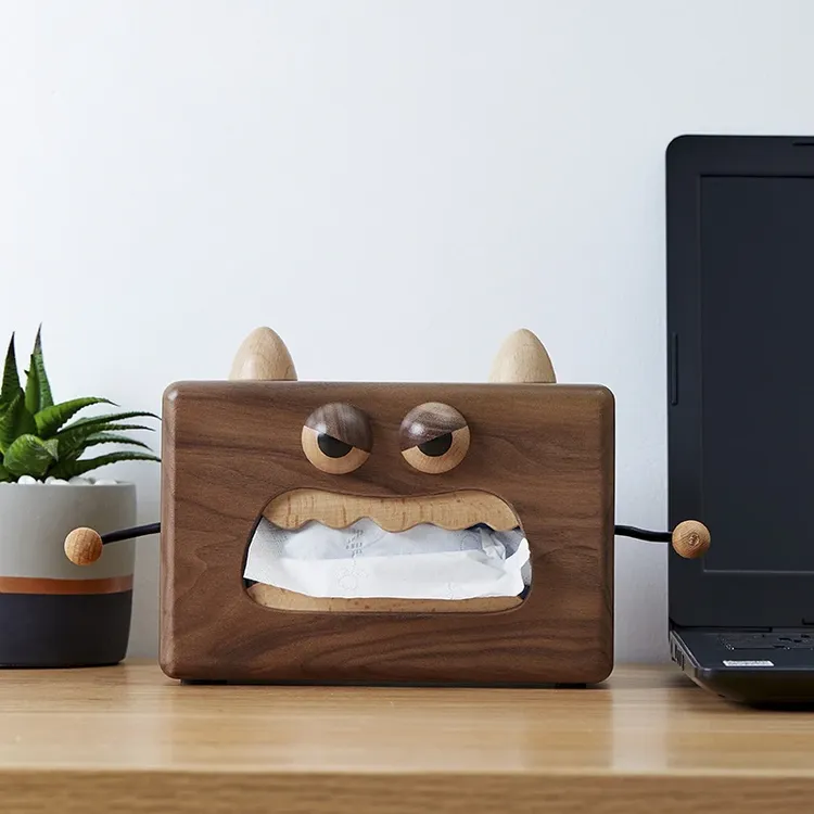 实木轻奢小怪兽纸巾盒客厅黑胡桃木创意办公木制北欧抽纸盒