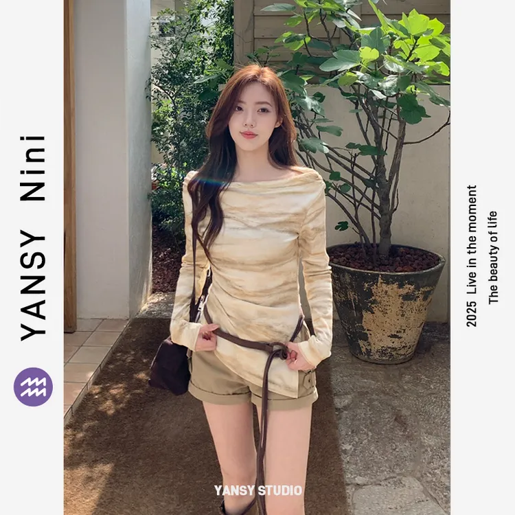 YANSY Nini波嬉少女早秋扎染斜肩小衫下摆不规则掐腰显瘦松弛感