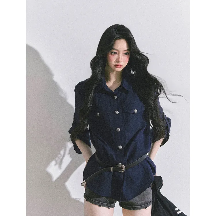 极简腔调 小众简约风polo领白色衬衫女秋C 9445#
