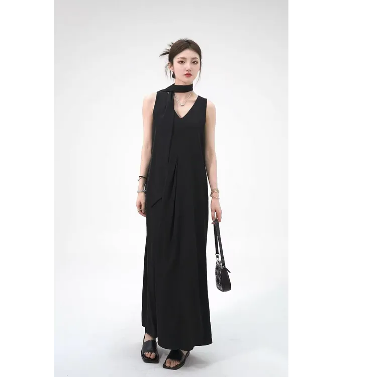 【复古拾光】飘带加长款脚踝拖地大码法式气质v领收腰无袖连衣裙