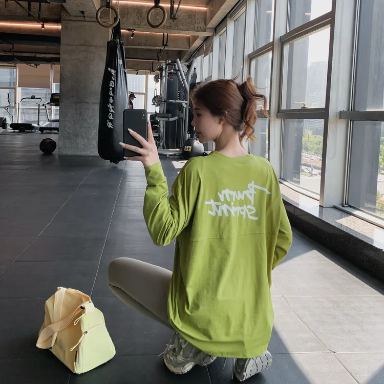 后背字母运动T恤女显瘦宽松大码胖mm瑜伽服速干跑步健身服遮屁股